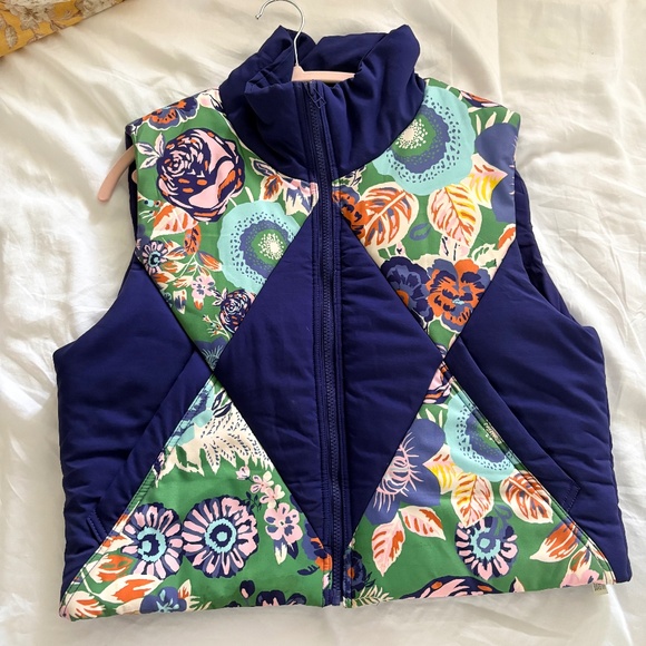 Anthropologie Navy and Floral Puffer Vest